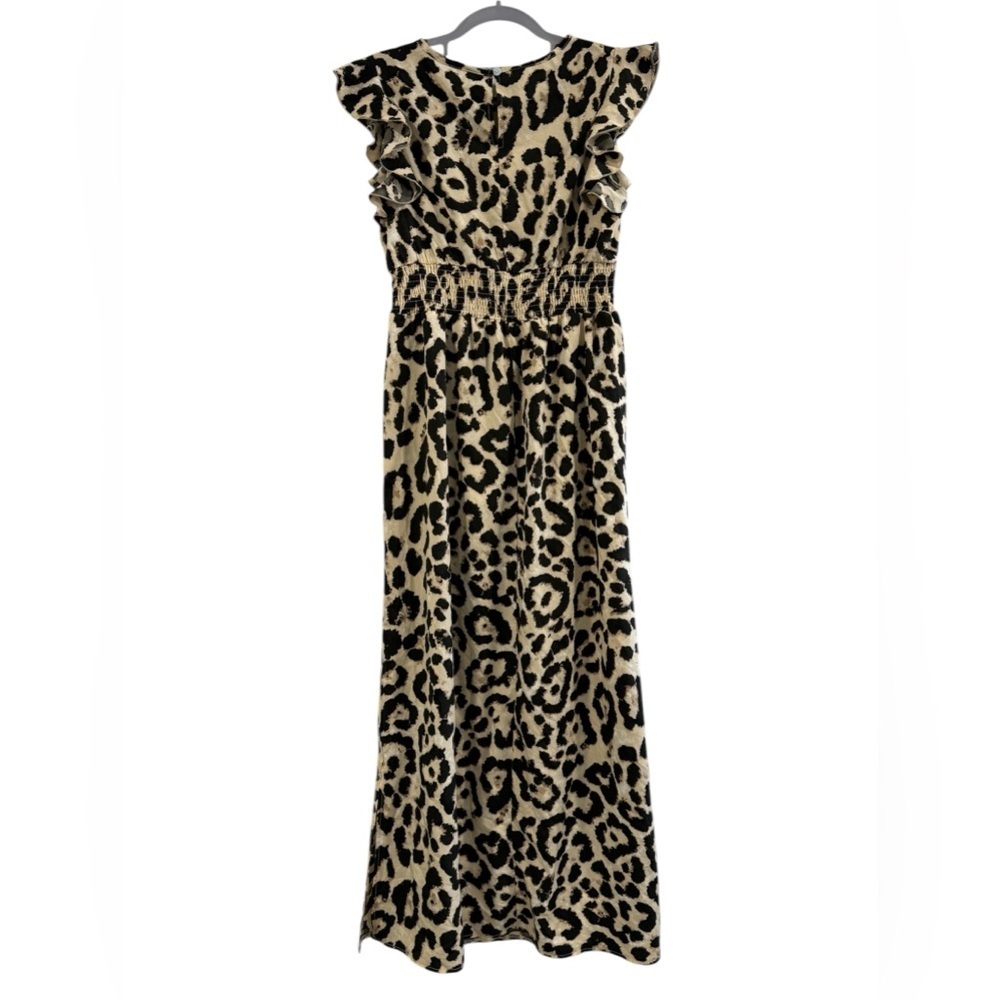 Women’s Animal Print Leopard Black Tan Maxi Long Ruffle Sleeve Dress Medium - Picture 3 of 8